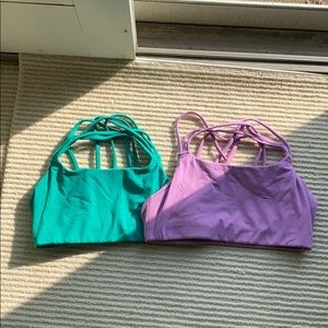 Athleta hyper focused bras a-c purple and green